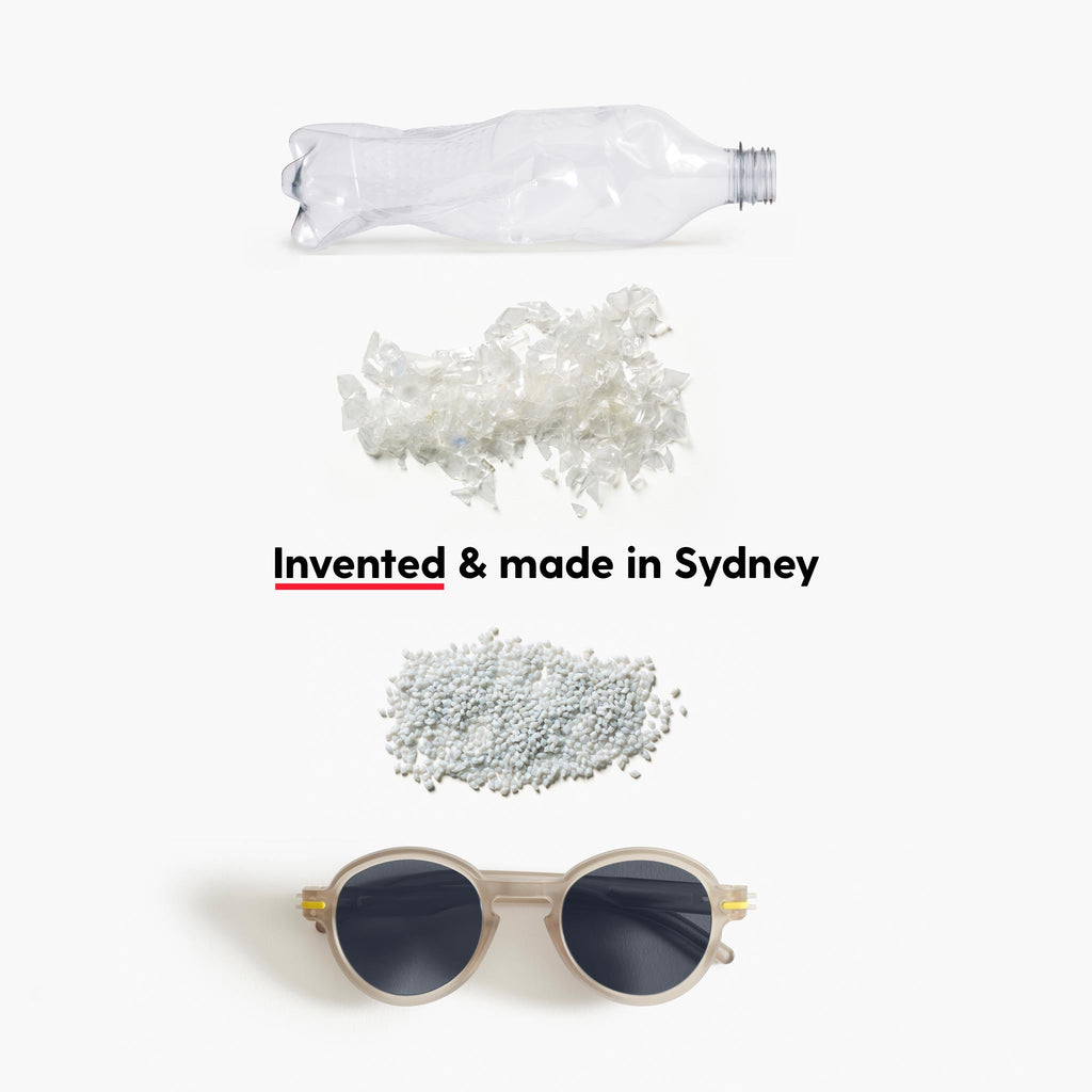showing how a plastic bottle gets turned into a pair of good citizens sunglasses in sydney